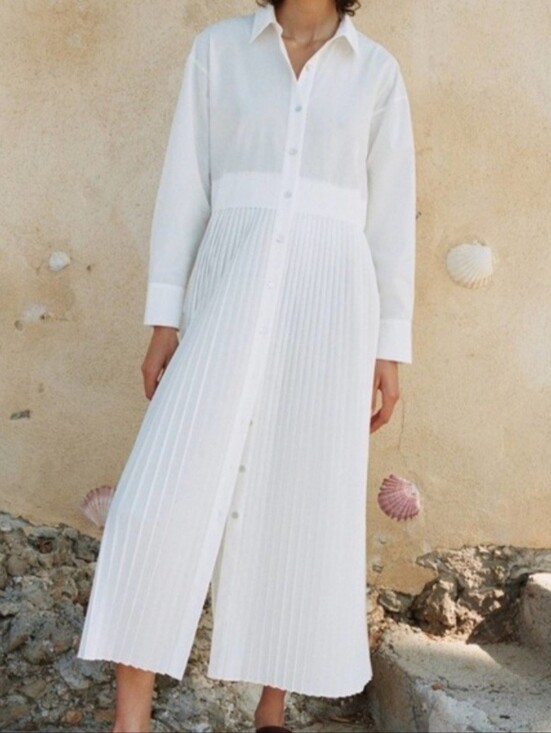 Zara Dresses & Skirts - Zara White Long-Sleeve Pleated Midi Shirt Dress